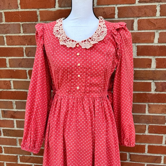 Vintage Candi Jones California Red Floral Print Long Sleeve Dress Ruffles Lace - Picture 2 of 9